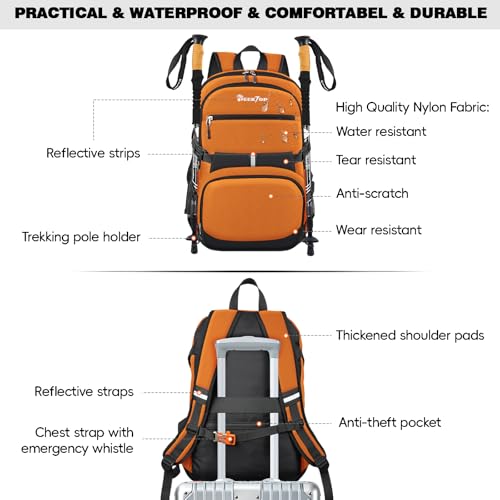 Seektop 40L Hiking Backpack Foldable Daypack for Women Men, Lightweight Travel Backpack Carry on Flight Approved Work Business Leisure Bag (Orange)