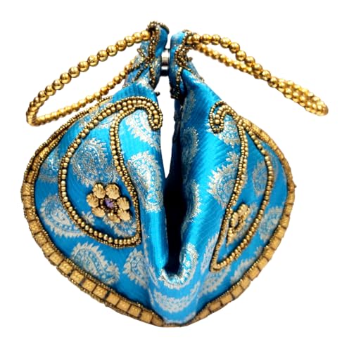 Purpledip Silk Clutch Purse In Pyramid Design: Ladies Handbag Potli With Sequin Embroidery, Turqoise (12531F)
