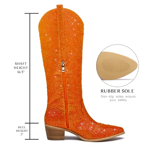 Rhinestone Cowboy Boots for Women Sparkle Tall Cowgirl boots bling Pointed Toe Low Chunky Stacked Heel Pull On Tabs with Side Zipper Wide Glitter Fashion Party Retro Classic Boots3