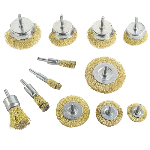 Wire Brush Drill Set - 12 Brass Coated Wheel & Cup Brushes - For Cleaning Rust Paint Removal - 1/4 inch Shank