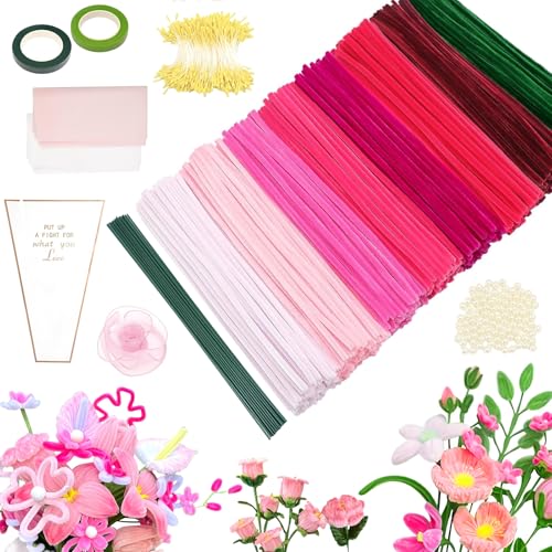 500pcs Kit Bouquet Cure Pipe Chenille, Fleurs Fil Chenille, avec Floratape et Tige Fleur Artificielle, Adapté aux Fournitures de Bouquet de Fleurs et de Décoration DIY, (Nuances roses, 8 teintes)