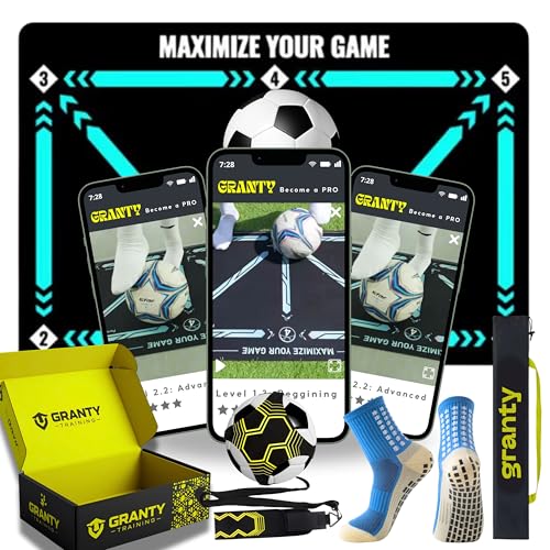 GRANTY Tapete de treino de futebol COM APP - Inclui Kick Throw + Meias + Saco + APP de treino com vídeos interativos - Tapete de futebol para treino