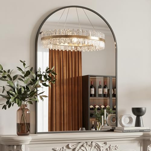 Image of Antok Arched Bathroom Mirror, 26 inchx38 inch Wall Mounted Mirror, Vanity Mirrors for Over Sink, Aluminum Alloy Frame Bathroom Mirrors Living Room, Bedroom and Entryway, Black