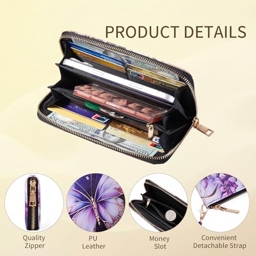 Image of Checkered Cow Print Wallet For Women Skull Goth Frog Butterfly Turtle Ladies Cluth Wristlet Wrist Strap Long Purse Zip Around Card Holder
