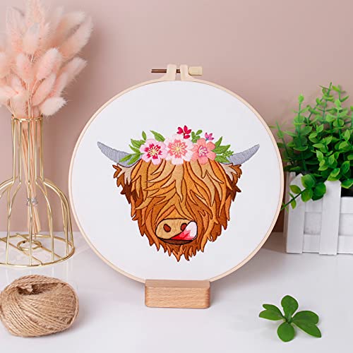 Image of Louise Maelys Highland Cow Stamped Embroidery Kit Floral DIY Craft | Complete DIY Set for Home Crafting or Gifting. Cross Stitch Kits for Adults with Highland Cow Design and Needlepoint Kit