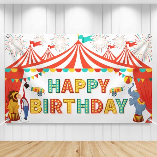 Image of KatchOn, XtraLarge Carnival Happy Birthday Banner - 72x44 Inch | Carnival Theme Party Decorations | Circus Birthday Party Decorations, Circus Theme Wall Banner for Outdoor Decoration