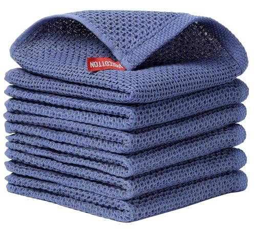 Image of Cotton Kitchen Dish Cloths, 6 Pack Super Absorbent and Lint Free Waffle Weave Dish Towels, Fast Drying Dish Rags for Washing Dishes, 13.4 X 13.4 Inch, (Dark Blue, Pack of 6)