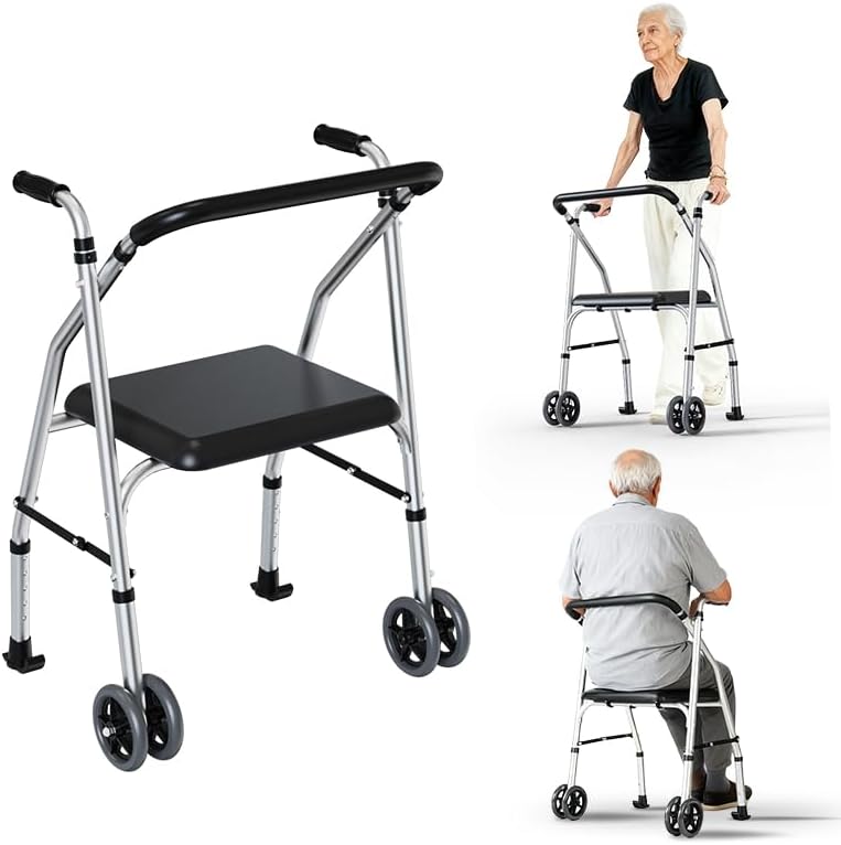 Walkers for Seniors, Standard Walker with Seat, Adjustable Two-Wheeled Walker with 5”Wheels, Lightweight, Supports 300lbs, Compact Travel Walker, Suitable for use in Car