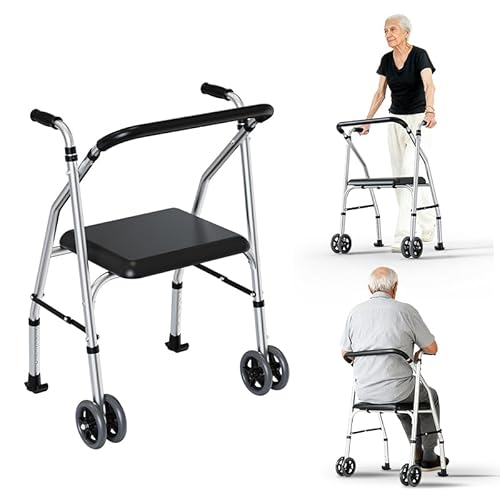 FUSHIDE Walkers for Seniors, Standard Walker with Seat, Adjustable Two-Wheeled Walker with 5”Wheels, Lightweight, Supports 350lbs, Compact Travel Walker, Suitable for use in Car