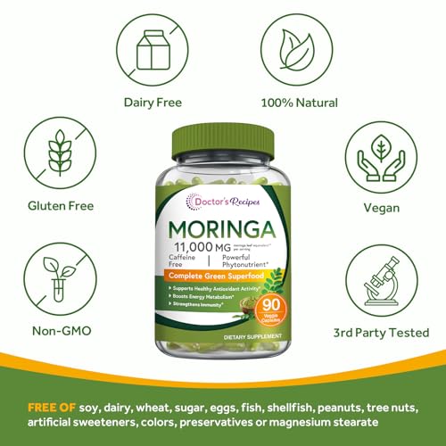 Doctor's Recipes Moringa 11,000 mg Strength, Complete Green Superfood, Natural Antioxidant Support, Non-GMO, 90 Vegan Caps, No Caffeine Soy Gluten - Image 6