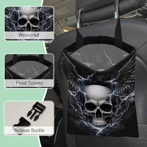 Image of Skull Lightning Car Garbage Bag,Waterproof Small Car Trash Bag Hanging Back of Seat,Drawstring Hanging Car Trash Bag with Adjustable Buckle for Car Accessories