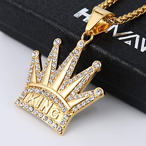 HZMAN 18k Gold Plated Cz Inlay King Crown Stainless Steel Pendant Necklace Success and Protection Lucky (Gold)2