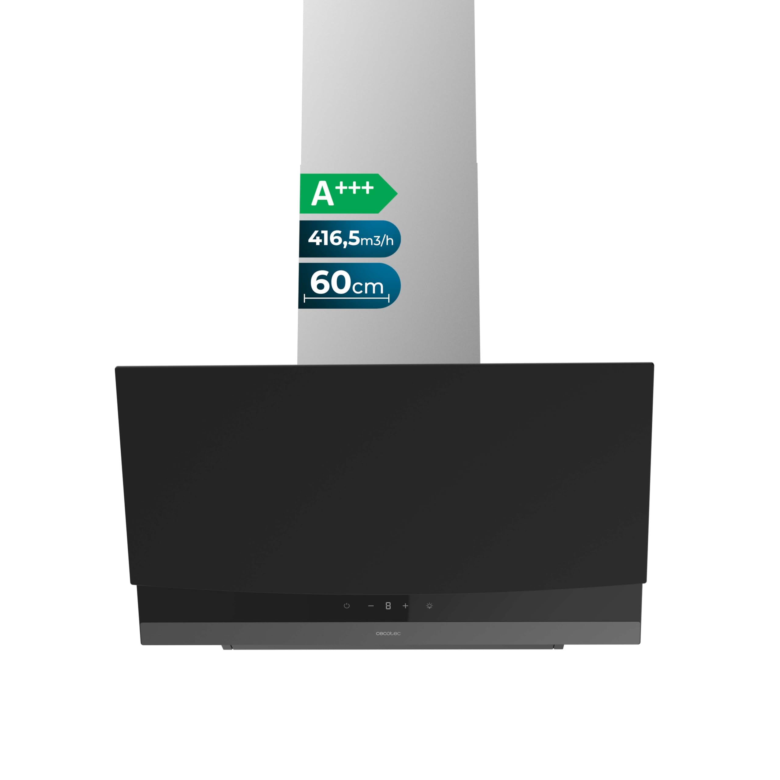 Cecotec Campana Extractora 60cm Decorativa Bolero Flux DT 604400 Matt Black A+++. Succión 416,5m³/h, 3 Velocidades, Bajo Consumo, Motor DC, Control de Movimiento y Táctil, Cristal Mate, Cuerpo Inox