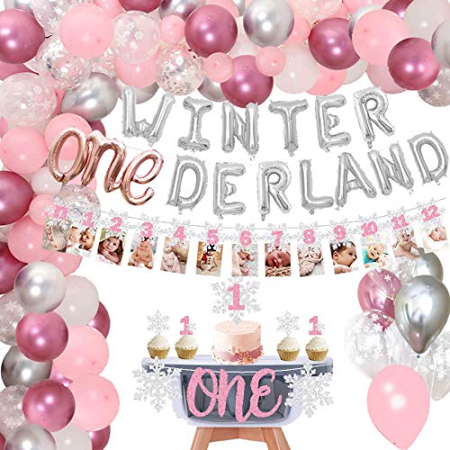 Winter Onederland Party Decorations Banner Snowflake Balloons Garland Kit First Birthday Party Supplies Decorations Winter 1st Cake Topper Themed Baby Girl photo props