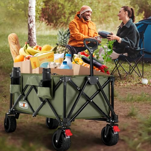 Overmont Foldable Collapsible Wagon Cart - Heavy Duty Utility Beach Wagon with Rotatable Wide Wheels - 180L Large Capacity with Side Pockets for Camping Garden Shopping - 330lbs Load by OVERMONT - Image 8