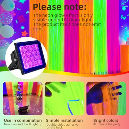 Image of Aduck Glow in The Dark Party Supplies, Neon Party Decorations Foil Fringe Curtains with Tinsel Backdrop(2-Pack), Fluorescent Yellow /Orange /Pink Streamers for Photo Booth Birthday Decorations-6.6x6.6ft