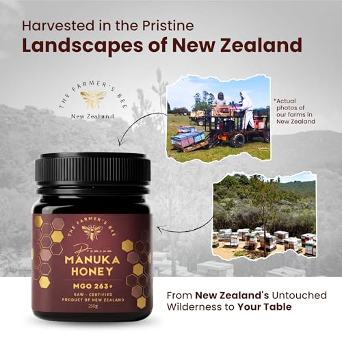 Image of THE FARMER'S BEE New Zealand Manuka Honey MGO 263+ (10+) | Monofloral Raw Honey | MGO Tested | Premium Imported Honey | Digestive Irritation Relief & Higher Antibacterial Strength | 250g