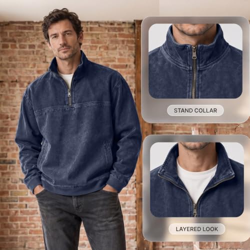 Denim Shirt Men Washed Retro Quarter Zip Pullover Top with Pockets - image 8