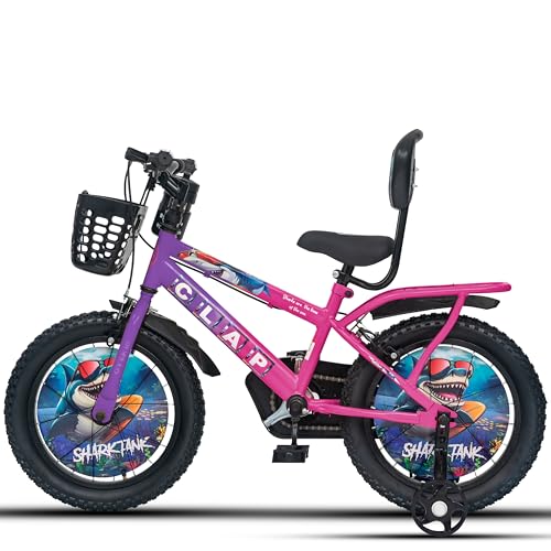 Image of Shark Tank 16T Kids Bicycle for Boys & Girls with Inbuilt Carrier, Front Basket, PU Soft Seat, Full Chain Cover & Stylish Wheelcards (Purple /Pink)