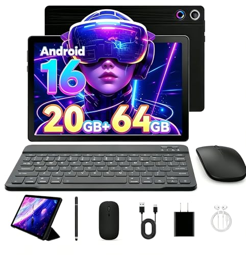 Latest 2026 Upgraded Android 16 Tablet 10.1 Inch with IPS HD Touch Screen, Dual Camera, 64GB Storage 1TB Expansion, 8 in 1 Tablets Kit with Keyboard, Protective Case, Mouse, Stylus, BT 5.4, WiFi 6