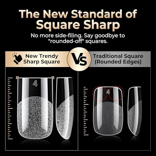 Image of Luckyfairy Short Square Nail Tips 504Pcs Sharp Square Shape 12 Size | Soft Gel No C Curve, Pre-Etched Square Nails, Half Matte Full Cover Clear Press On, Nail Art DIY Home Salon Extension