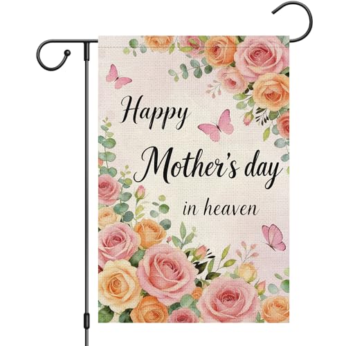 Heyfibro Happy Mother's Day in Heaven Garden Flag 12x18 Double Sided Burlap, Roses & Butterflies Memorial Yard Banner for Spring Outside Outdoor House Mothers Day Decoration (ONLY FLAG)