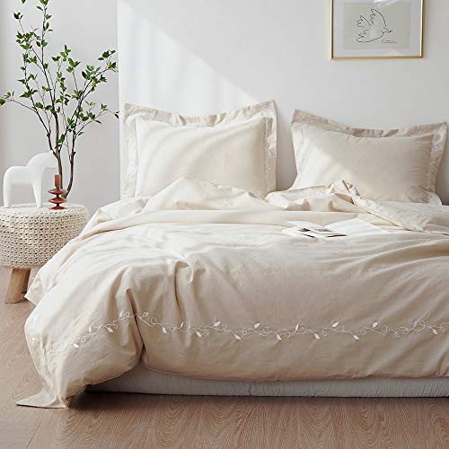 BISELINA French Linen Duvet Cover Set 3pcs Embroidered Willow Leaf 55% Flax 45% Cotton Blend Soft Breathable Luxury Bedding (King, Embroidery Linen)