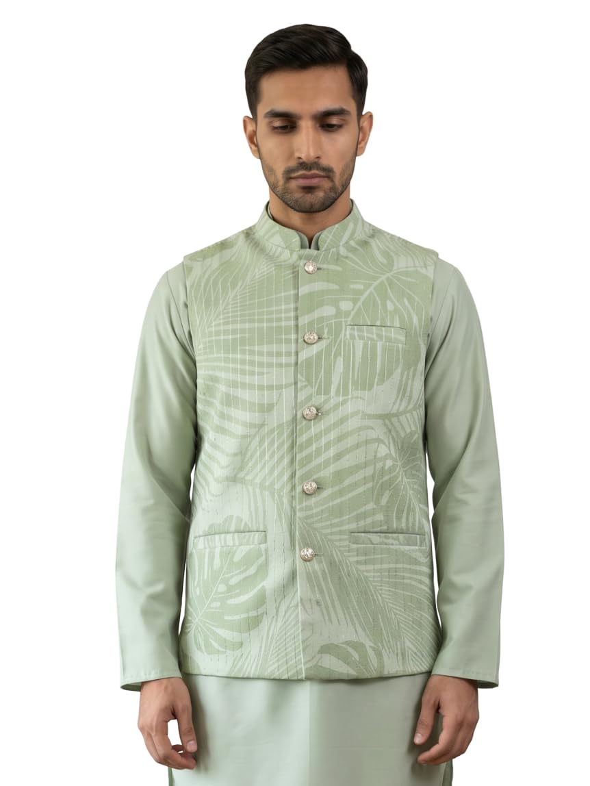Cotton Blend Botanical Print Nehru Jacket-image-18