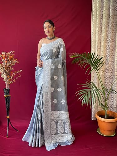 Image of SGF11 Women's Soft Cotton Linen Silk Saree With Blouse Piece