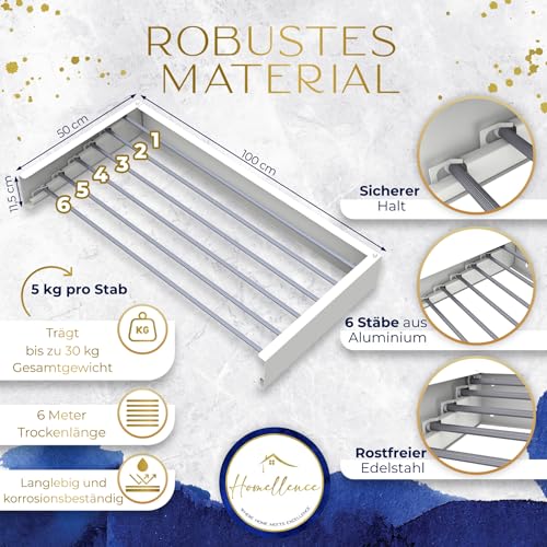Homellence - Eleganter Wäscheständer Wand ausziehbar - Wandwäschetrockner ausziehbar platzsparend - Robuster Wäschetrockner Wand - Wäscheständer Wandmontage mit 6m Trockenlänge (100 cm, Weiß)