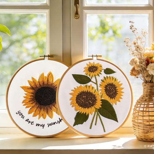 Image of Sunflower Embroidery Kits for Beginners Adults, Floral Hand Embroidery Set Needlepoint Kits, Stamped Cross Stitch Kits for Beginners Adults, 2 Embroidery Hoops, Fabric, Thread(Attached Video Tutorial)