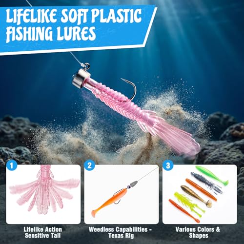 PLUSINNO Fishing Lures Kit, 211pcs Tackle Box with Tackle Included, Bass Fishing Kit with Pre-Rigged Jig Head Lures, Soft Baits, Hooks, Weights, Freshwater Fishing Gear for Walleye Crappie Trout - Thumbnail 4