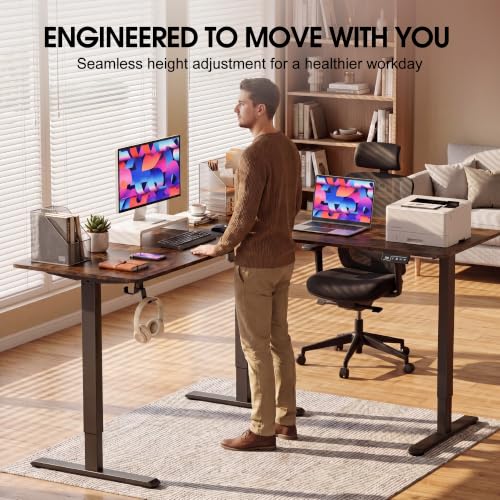 Image of Furmax 63 x 55 Inch L Shaped Standing Desk with 2 Preset Heights, Electric Height Adjustable Computer Table, 2 Hooks & Feet Balance, Corner Sit Stand Desk for Home Office (Rustic Brown, 63 x 55 Inch)