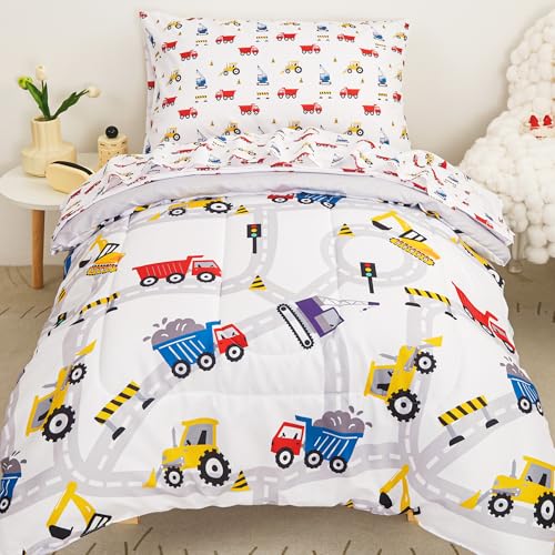 Image of Viviland Toddler Comforter Sets, 4 Pieces Bedding Sets, Heavy-Duty Truck | Microfiber White Bed Set, Boys, Breathable & Soft, Comforter, Bed Sheet, Fitted Sheet and Pillowcase, Machine Washable