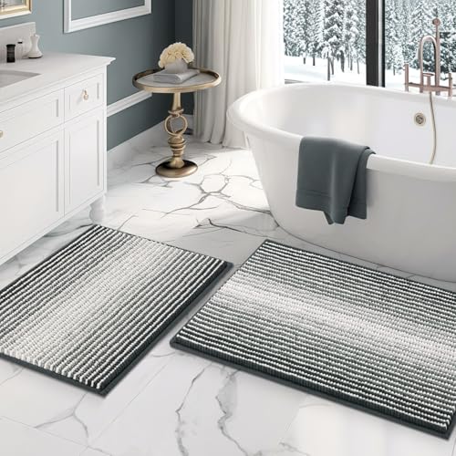 BSICPRO Bathroom Rugs and Mats Sets, 2 Piece Thick Absorbent Chenille Non Slip, Soft Shaggy Bath Room Floor Mats for Bathroom, Machine Washable (Blue Grey, 20" x 32" Plus 16" x 24")