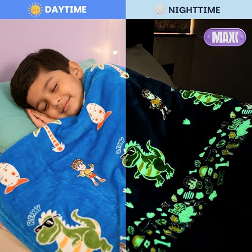 Image of Famyo Glow in The Dark Blanket for Kids, Pack of 2, Queen Size | June Unicorn & Rexy Dinosaur Glow Blankets, 200x152 cm, All-Season, Double /Queen Bed, AC Blanket for Kids, Birthday Gift Set