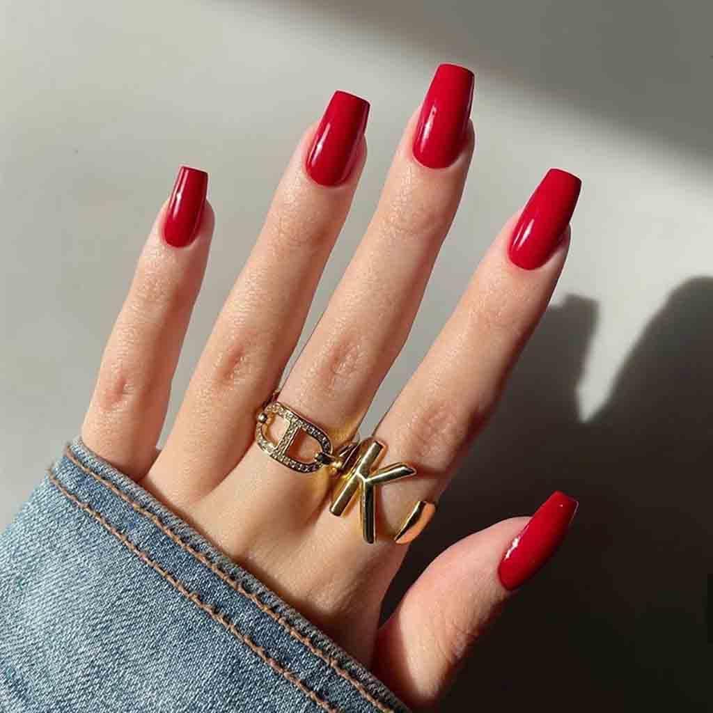 RikViewRed Press on Nails Medium Acrylic Nails Coffin Nails for Women Glossy Fake Nails 24 PCs/Set (Medium Coffin Red)