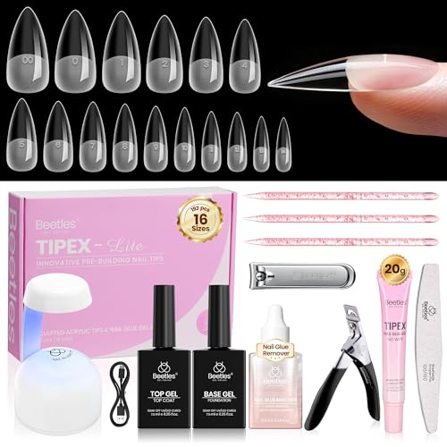Beetles Tipex Lite Nail Tips Kit with Glue Remover Medium Stiletto 192Pcs 16 Sizes 20g Solid Nail Glue Mini UV Lamp Base & Top Coat Nail Tip Clipper
