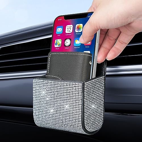 Image of Salior Rhinestone Vent Storage Organizer, Leather Pocket, Bling Accessories for Women or Man, Multipurpose Sunglass and Coin Holder for Car Decorations, Black