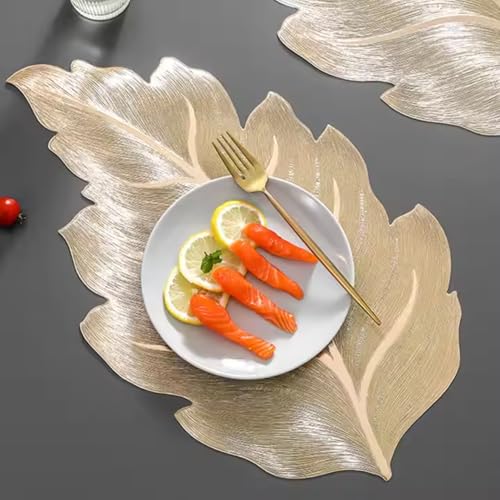 Image of HomeCloud PVC Material Round Shape Table Mat, Dining Table Mat,Table Placemats, Round Mats,Best for Bed-Side Table /Center Table, Dining Table /Shelves (Leaf Gold, Set of 2)