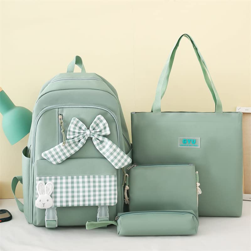 Juego de 4 mochilas Kawaii para escuela, maletines, estuche, monedero para niñas y escuelas, Verde
