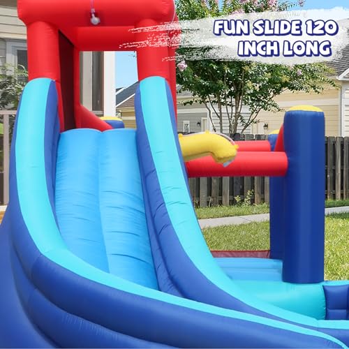 Image of Action Air Inflatable Water Slide for Kids, Backyard Water Park with Big Bouncy Area, Splash Pool, Long Slide, Water Cannon & Sprinkler, 193x138x91 Inch Outdoor Bouncy Castle for Summer Party Fun