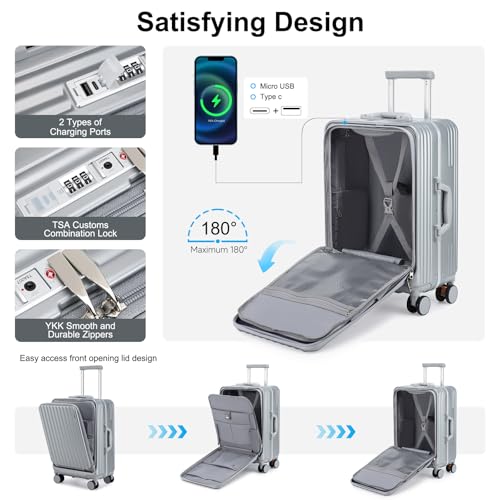 Somago Carry on Luggage Front Open 22x14x9 Airline Approved Lightweight Suitcase with Cup Holder and USB Port Aluminum Frame Polycarbonate Spinner Hard Suitcase with TSA Lock (Silver)2