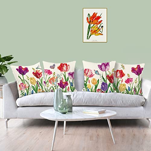 Bonhause Tulip Floral Cushion Covers 45 x 45 cm Colorful Flower Decorative Throw Pillow Covers for Sofa Bed Home Garden Outdoor Spring Summer Decor Set of 4 - Image 2