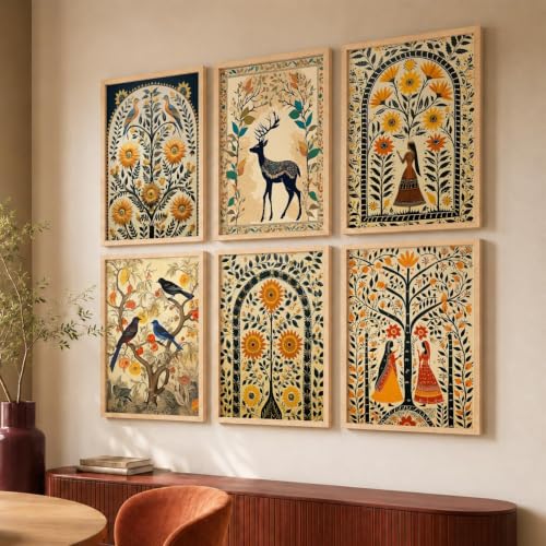 Image of kotart Premium Digital Madhubani Art Paintings with Frame for Home Decor - Framed Painting for Living Room Bedroom Office Room Decor - Painting for Wall Decoration - Pack of 6 (C)