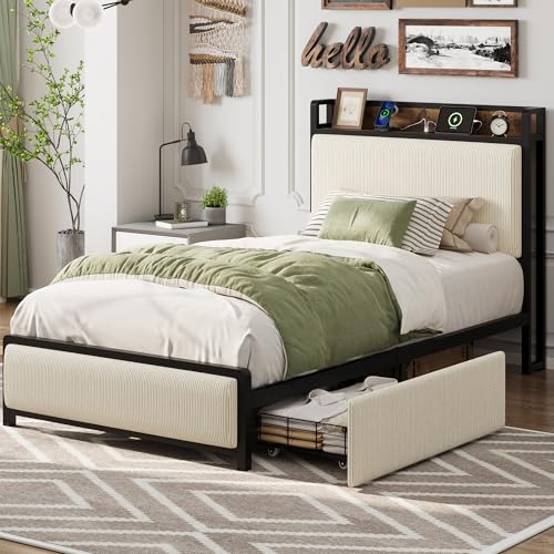 Image of GAOMON Twin Size Bed Frame with 2 Storage Drawers and Charging Station, Rustic Velvet Upholstered Platform Bedframe with Storage Headboard, No Box Spring Needed, Easy Assembly, Noise Free, Beige