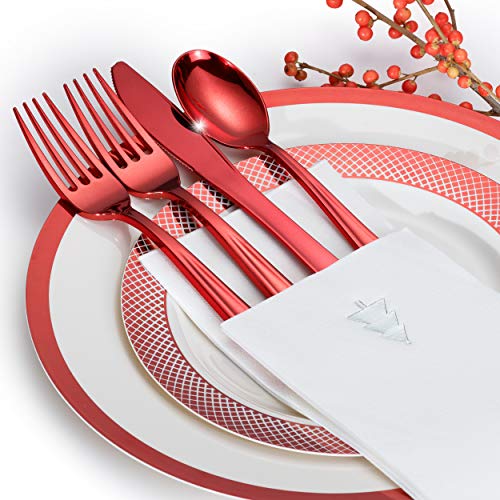 Premium Disposable Christmas Plate Set 175 Pcs | Ivory Plastic Plates with Red Trim, Plastic Silverware and Linen-Feel Christmas Dinner Napkins for 25 Guests Heavyweight - By Madee - Thumbnail 4