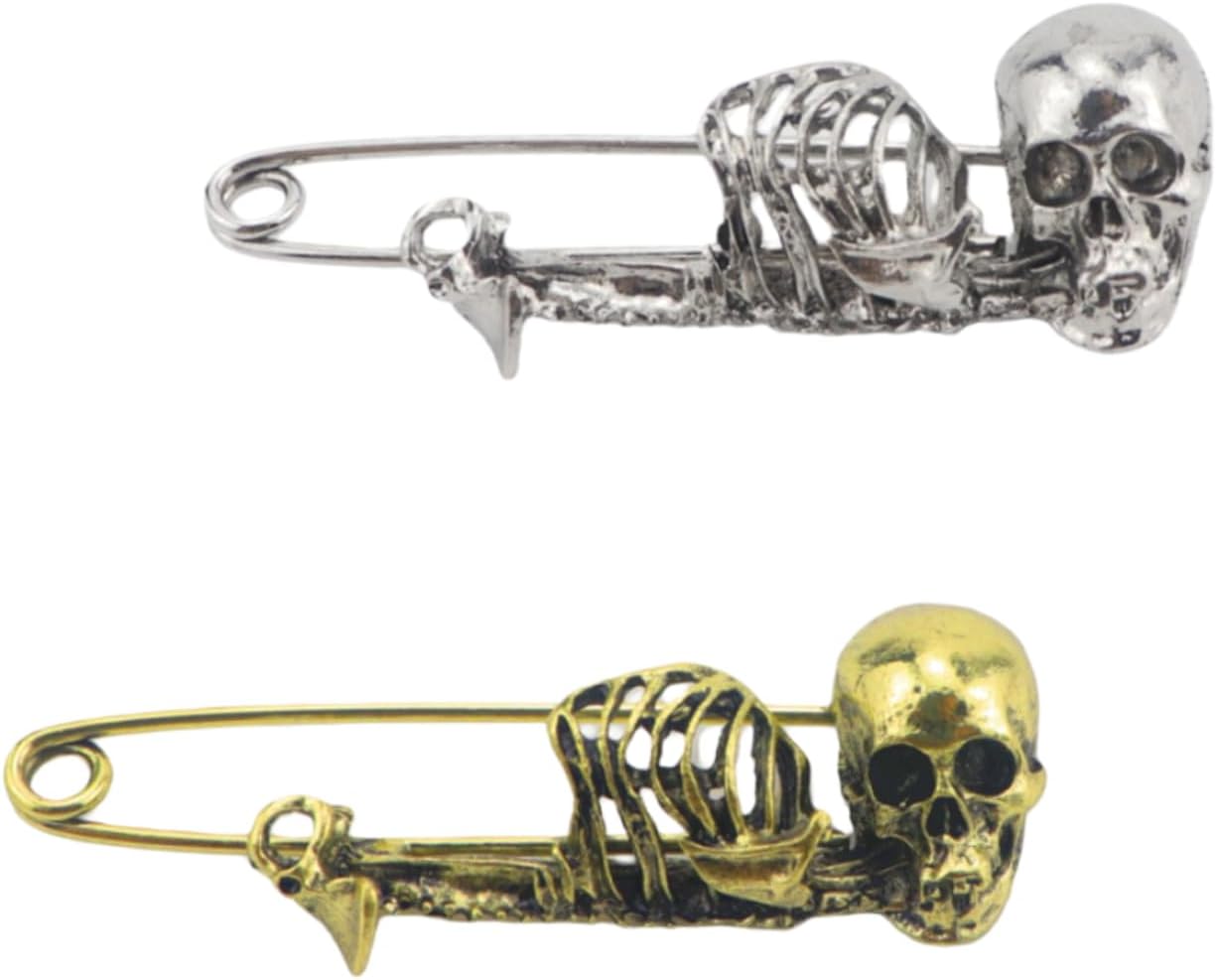 2Pcs Punk Gold Silver Skull Safety Pin Brooches, Gothic Distressed Skeleton Lapel Pins, Multi-Purpose Waist Cincher Clips for Clothes Jackets Bags Unisex