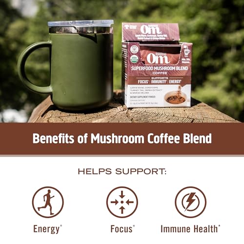 OM MUSHROOM SUPERFOOD Instant Coffe – Organic Arabica with Lion’s Mane, Cordyceps, Reishi, Turkey Tail – Supports Energy, Focus & Mental Clarity – Single Serve Pack (10 Count)