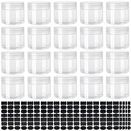 Barattoli in plastica trasparente,20 Pcs Barattoli Contenitori in Plastica Trasparente Pet con tappo a vite in alluminio,Contiene 10 etichette e adesivi per Cosmetici,Snack di Cibo Secco